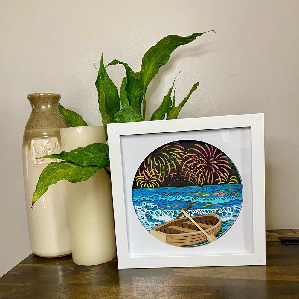 3D Fireworks W Boat Shadowbox
